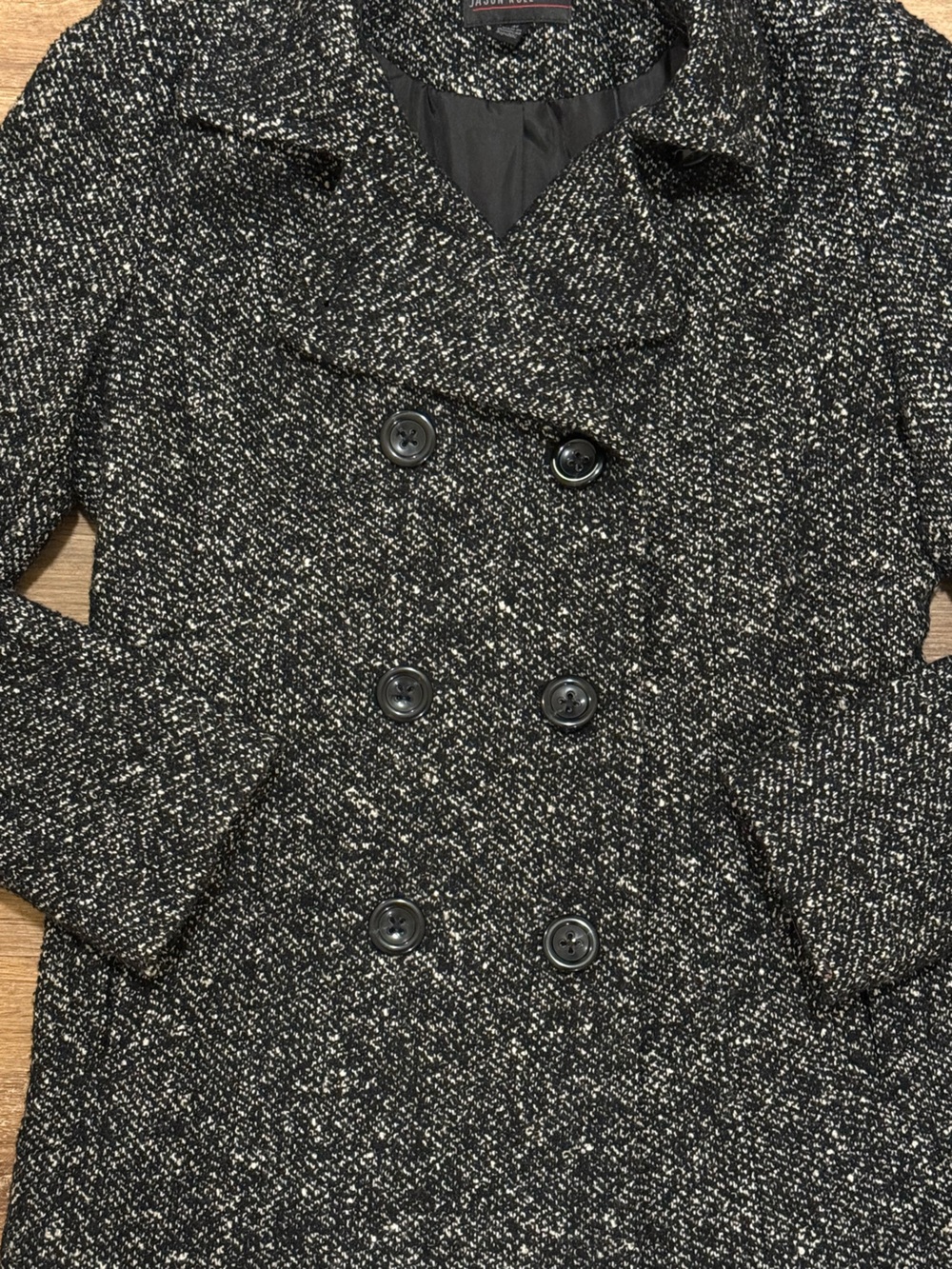 Women's Black Heathered Pea Coat with Classic Double-Breasted Styling - Picture 3 of 8